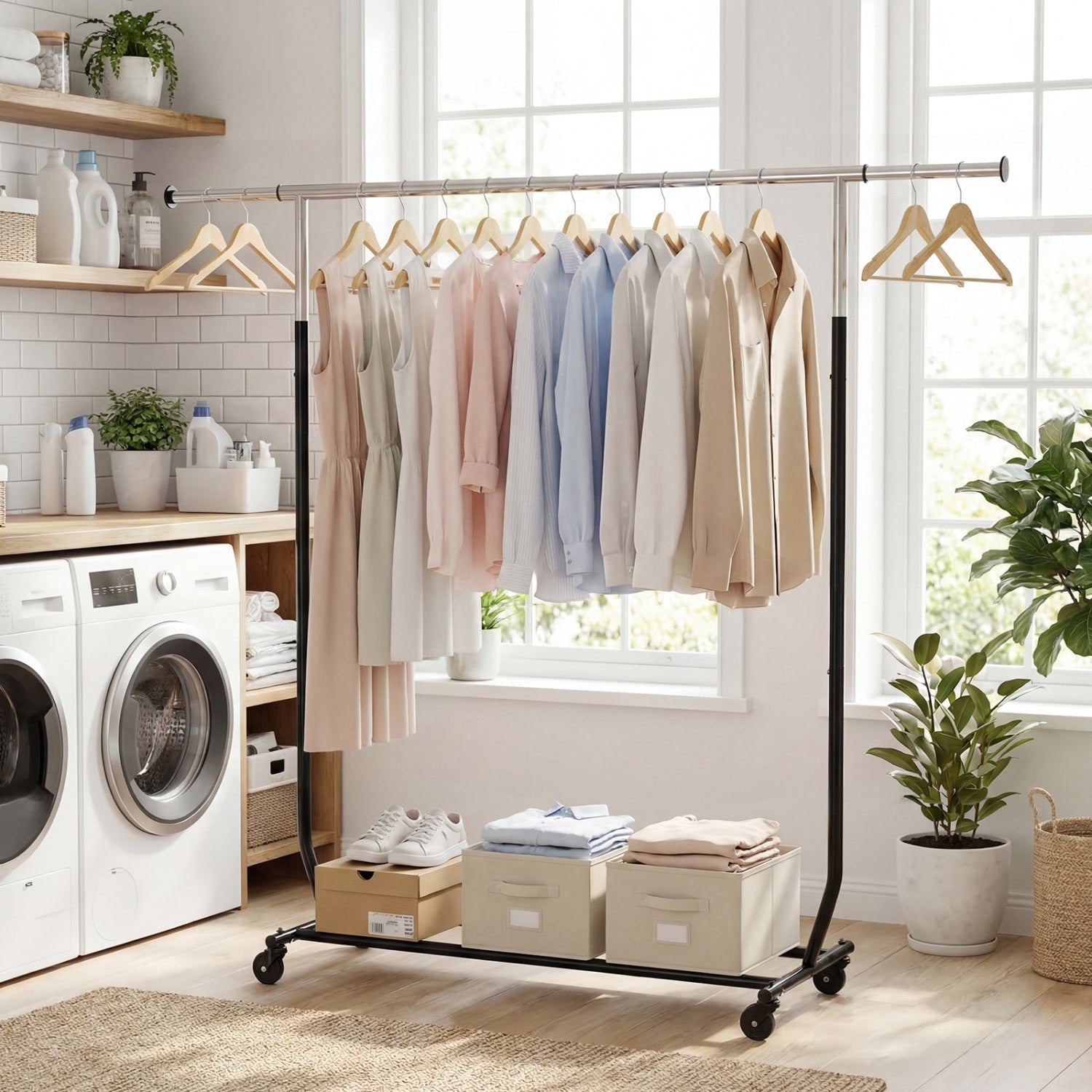 Rolling Clothes Rack Extendable Garment Stand for Hanging Clothes