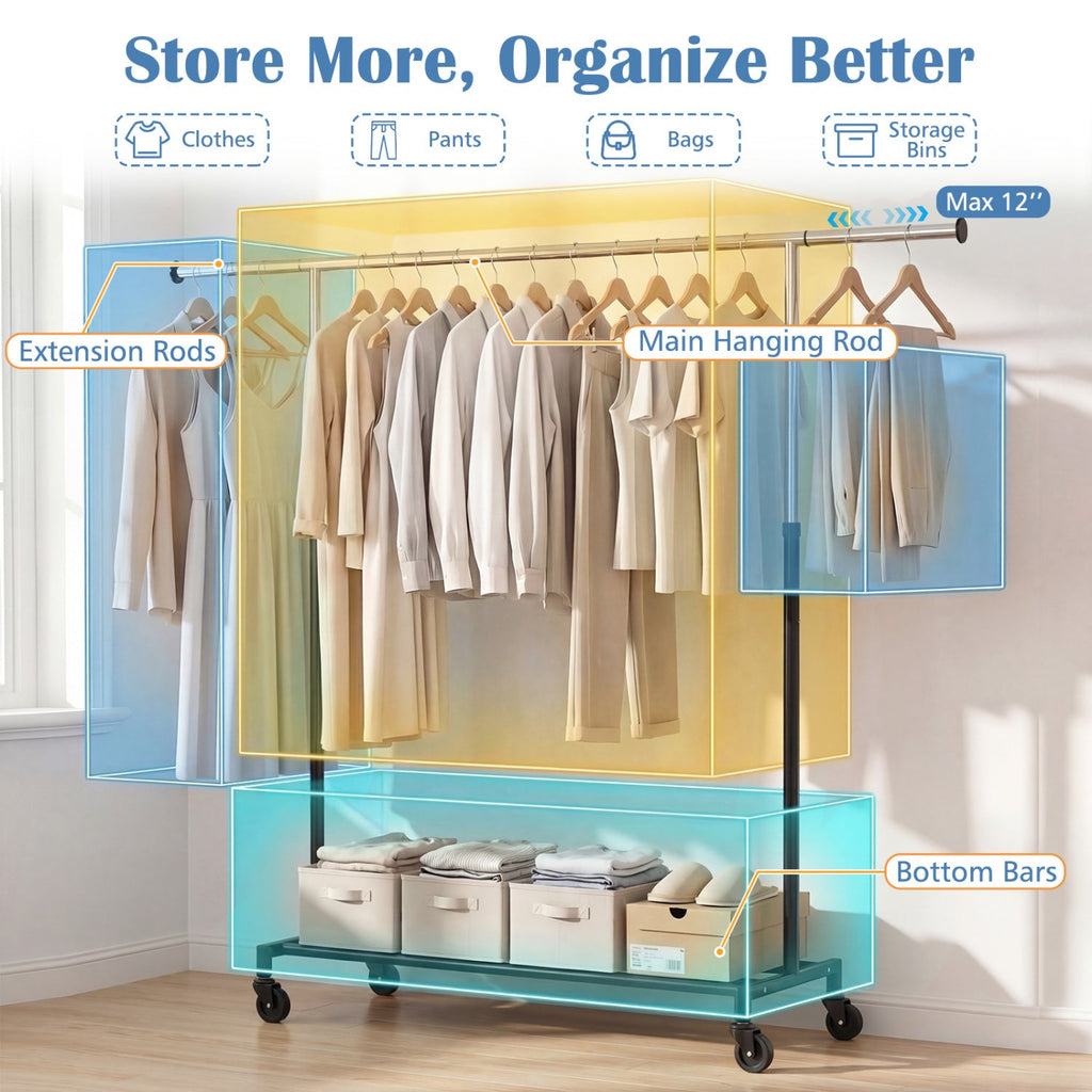 Rolling Clothes Rack Extendable Garment Stand for Hanging Clothes