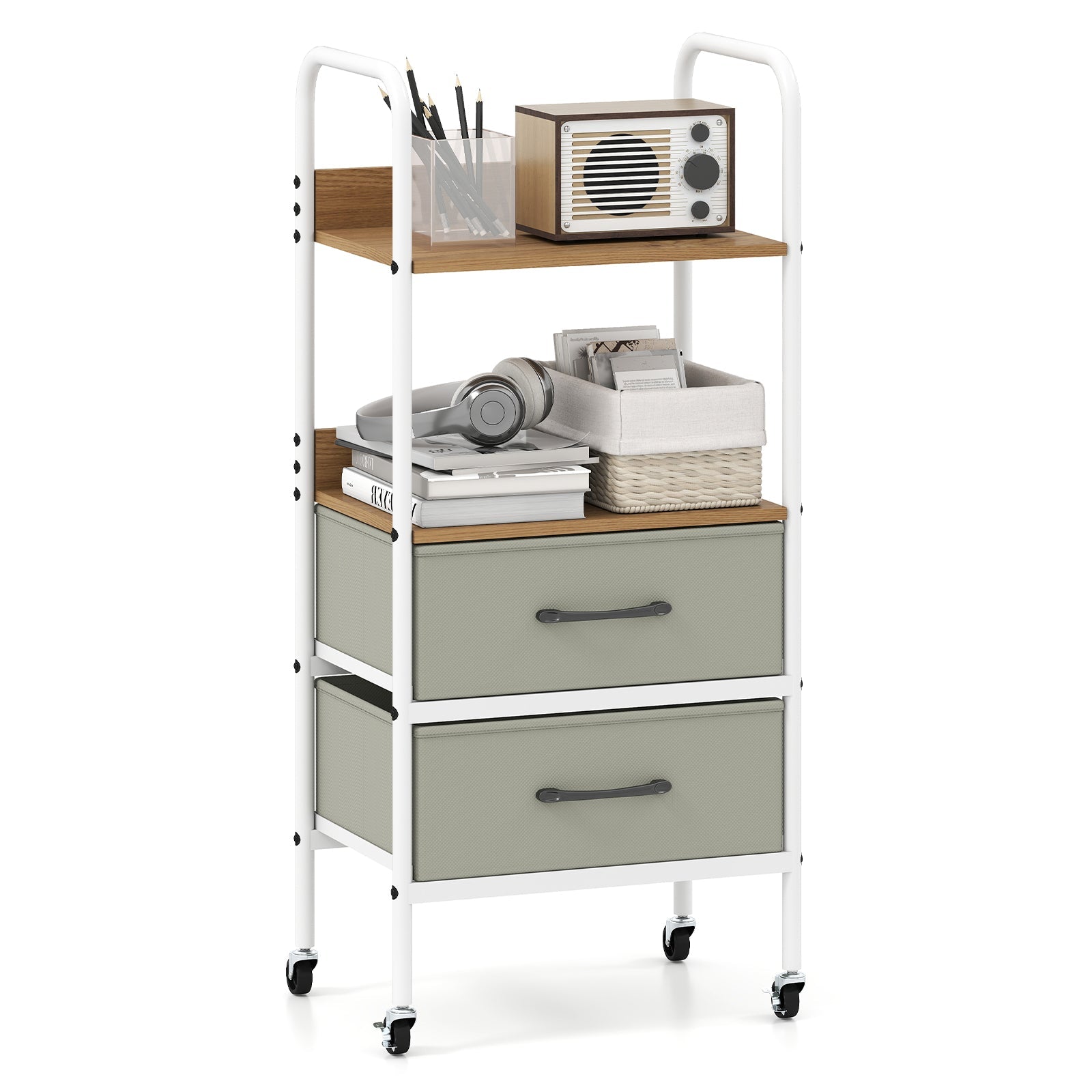 Rolling Utility Storage Cart with 2 Open Shelves and 2 Fabric Drawers-Natural