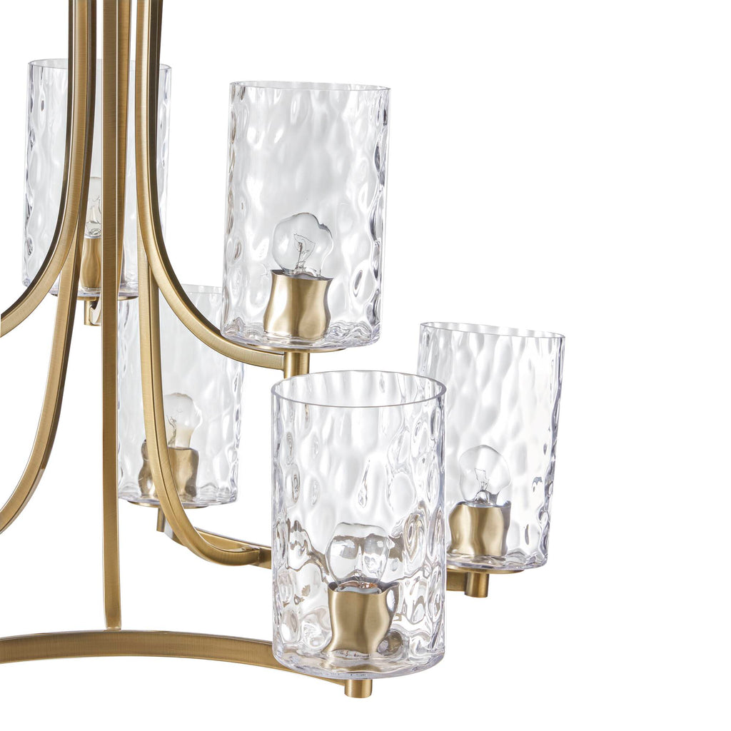 9-Light Tiered Round Chandelier | Antique Brass Finish with Textured Glass Cylindrical Shades — Adjustable Height, Dining Room & Foyer