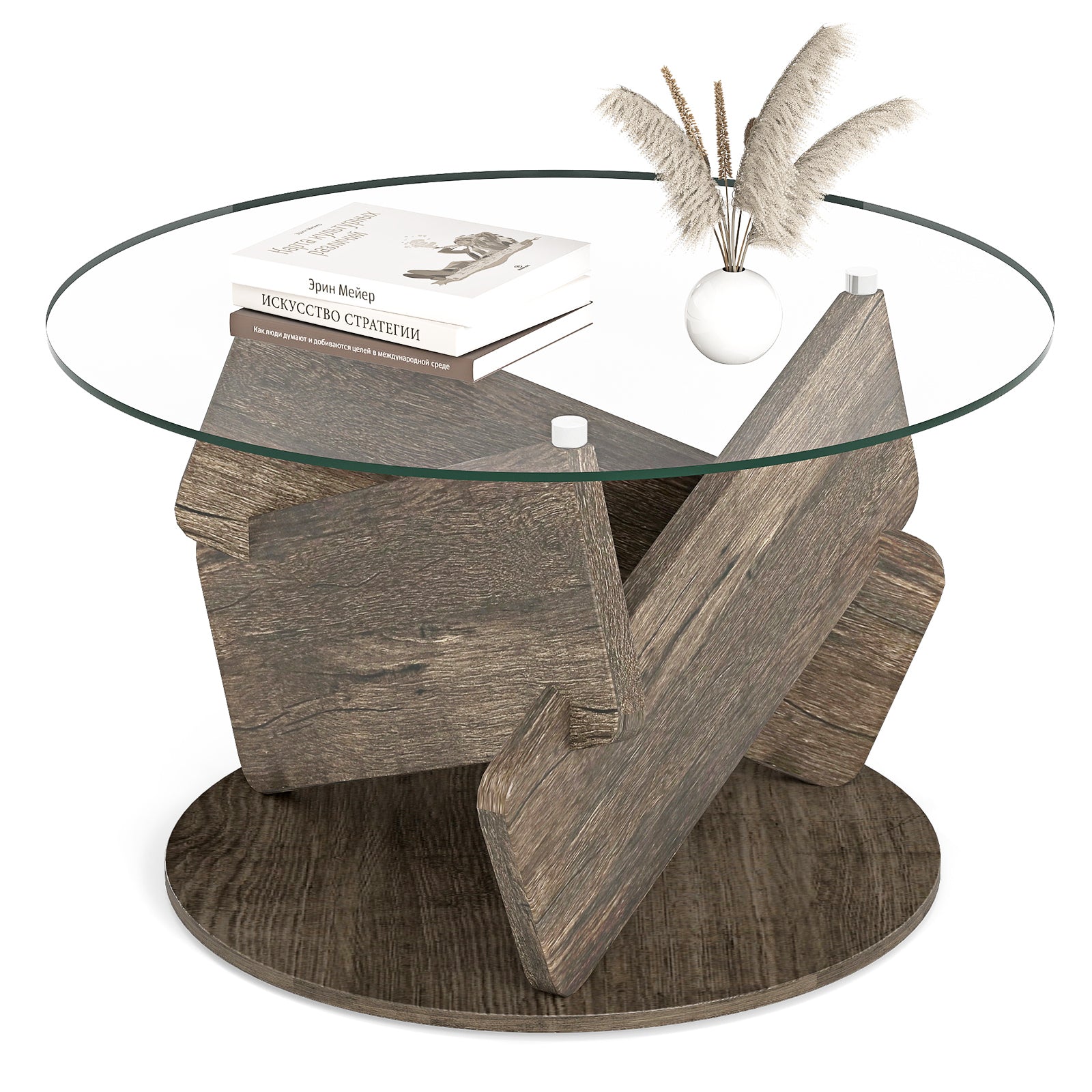 Round Glass Coffee Table 32 Inch Modern Center Table with Tempered Glass Top-Gray