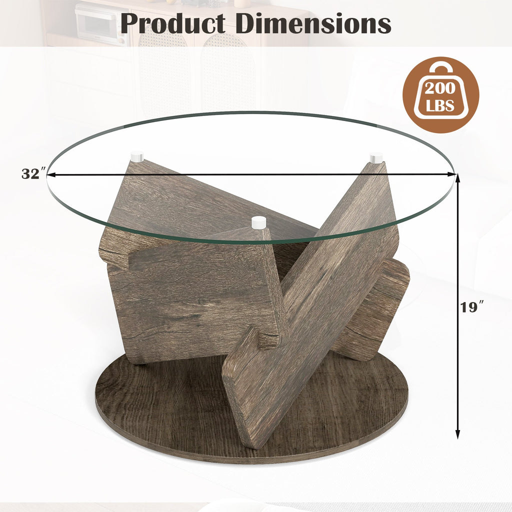 Round Glass Coffee Table 32 Inch Modern Center Table with Tempered Glass Top-Gray