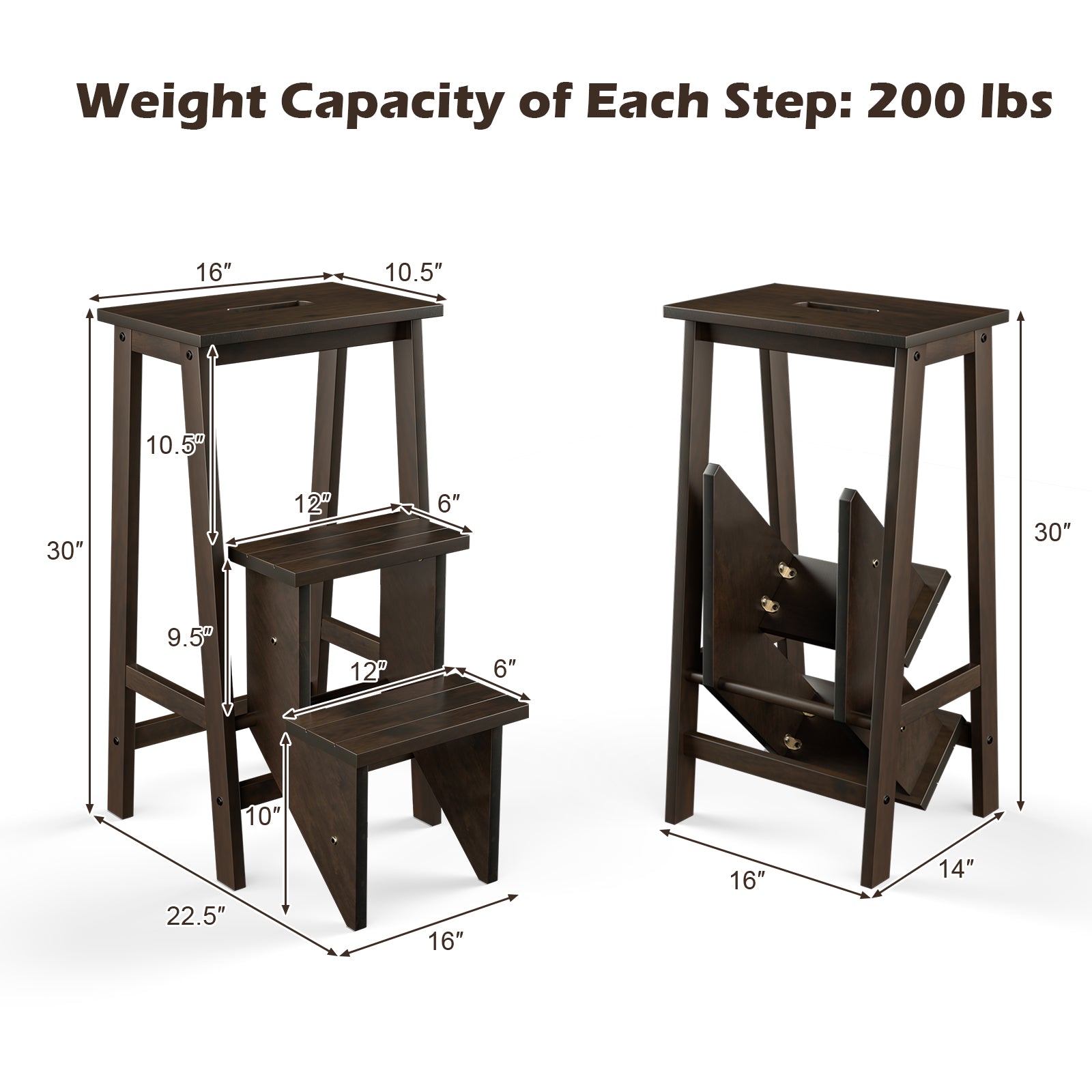 3-in-1 Rubber Wood 3 Tier Folding Step Stool Ladder Storage Shelf-Coffee
