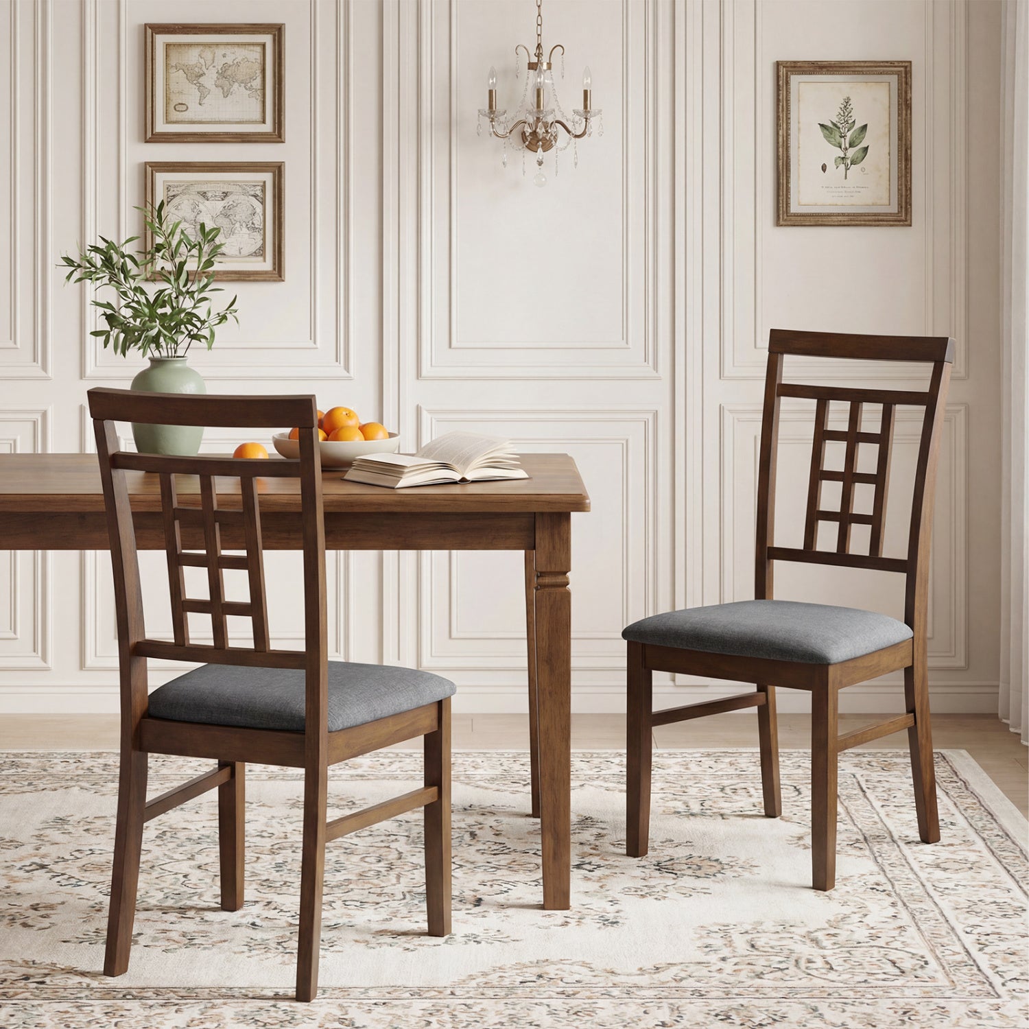 Rubber Wood Dining Chairs Set of 4 with Lattice Back