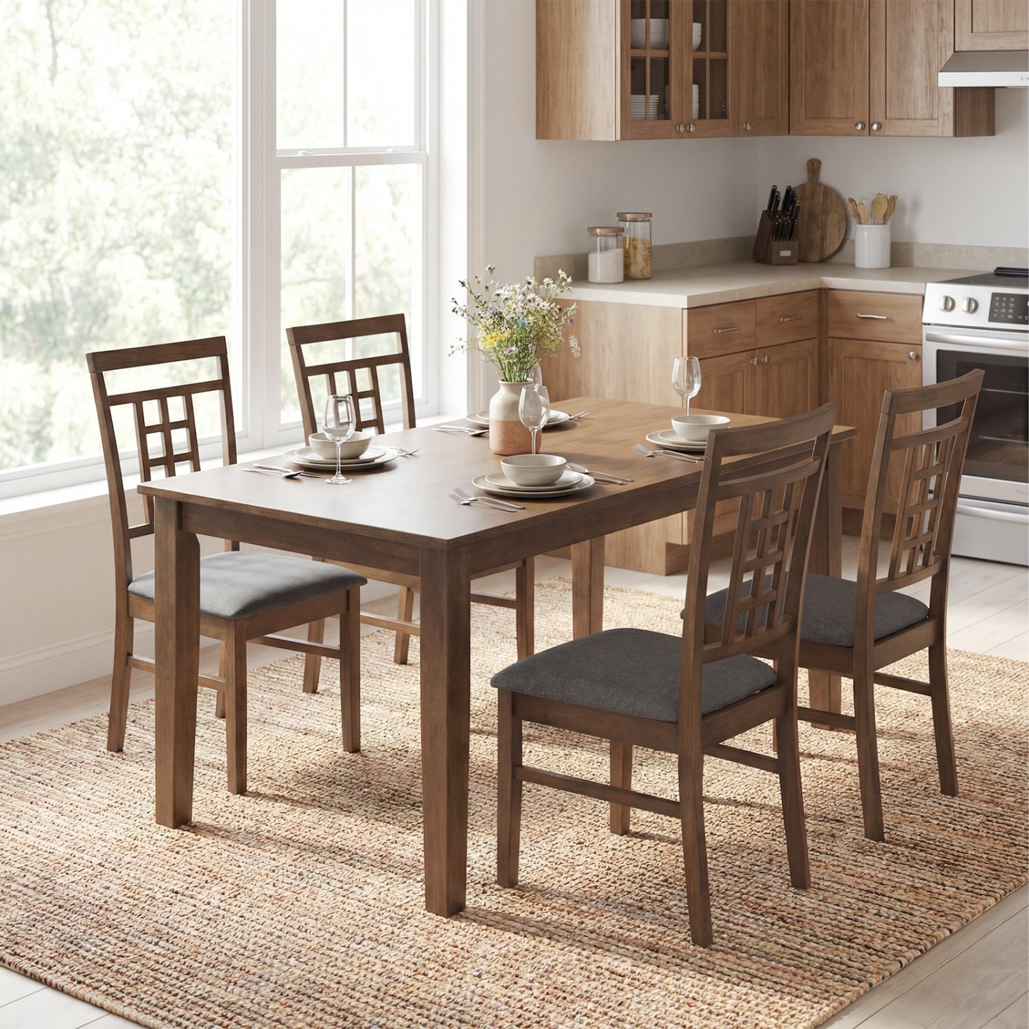 Rubber Wood Dining Chairs Set of 4 with Lattice Back