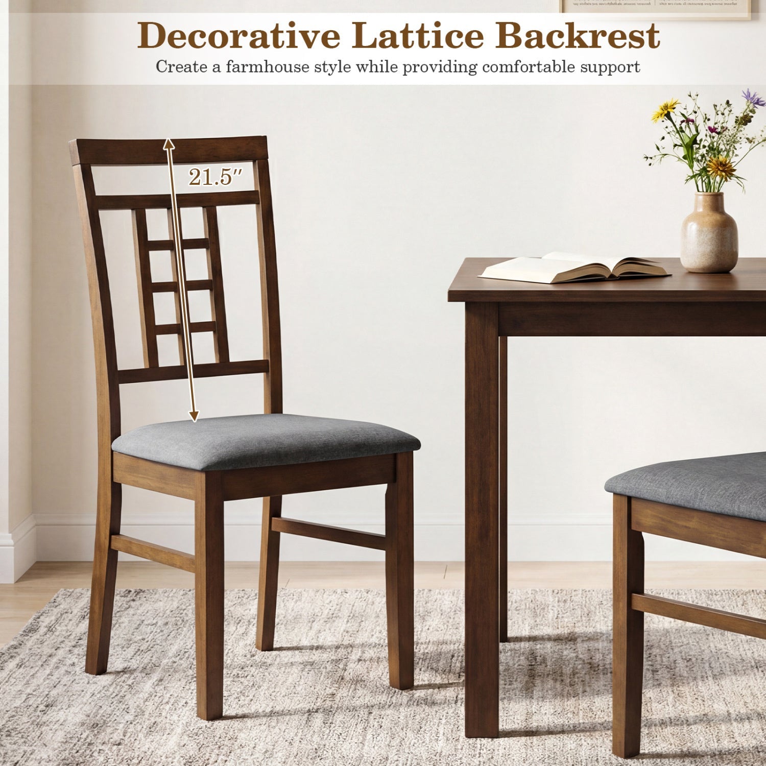 Rubber Wood Dining Chairs Set of 4 with Lattice Back