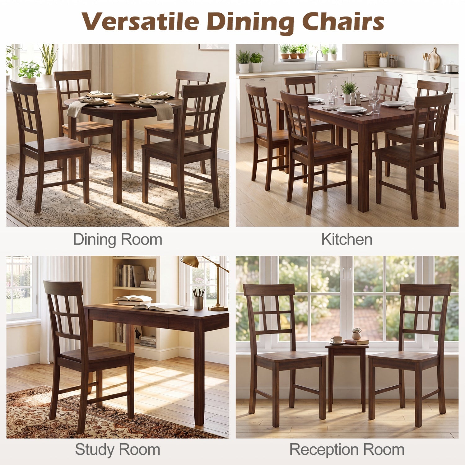 Rubber Wood Dining Chairs Set of 4 with High Backrests