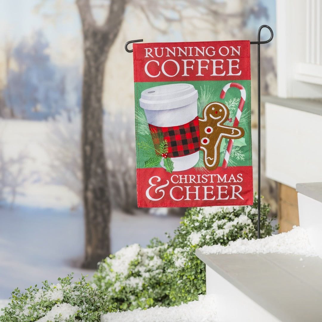 Running on Coffee And Cheer Christmas Garden Flag 2 Sided Burlap
