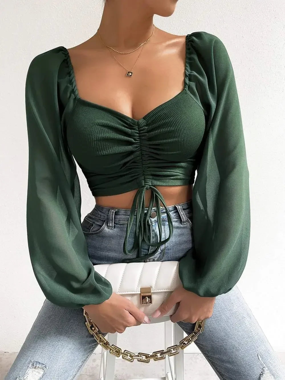 Plus Size Women Tops Drawstring Front Sheer Sleeve Crop T-Shirt Plunge Neck Long Sleeve Ribb-knit Ruched Blouse Spring Summer