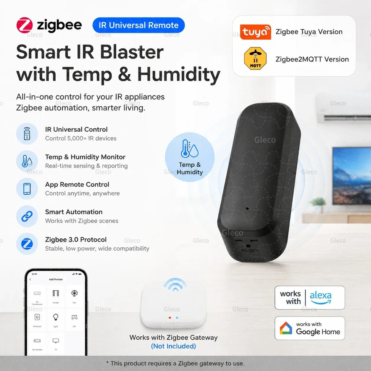 Zigbee IR Remote Control Wireless Universal Infrared Blaster Temperature Humidity Sensor Zigbee2mqtt TUYA Smart Life Automation