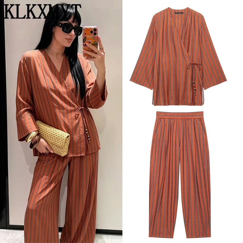 KLKXMYT Women's Vintage Stripe Pants Set Long Sleeve Tied Shirt Tops Suits 2026 Autumn Casual 2 Pieces Set Women ﻿ ﻿