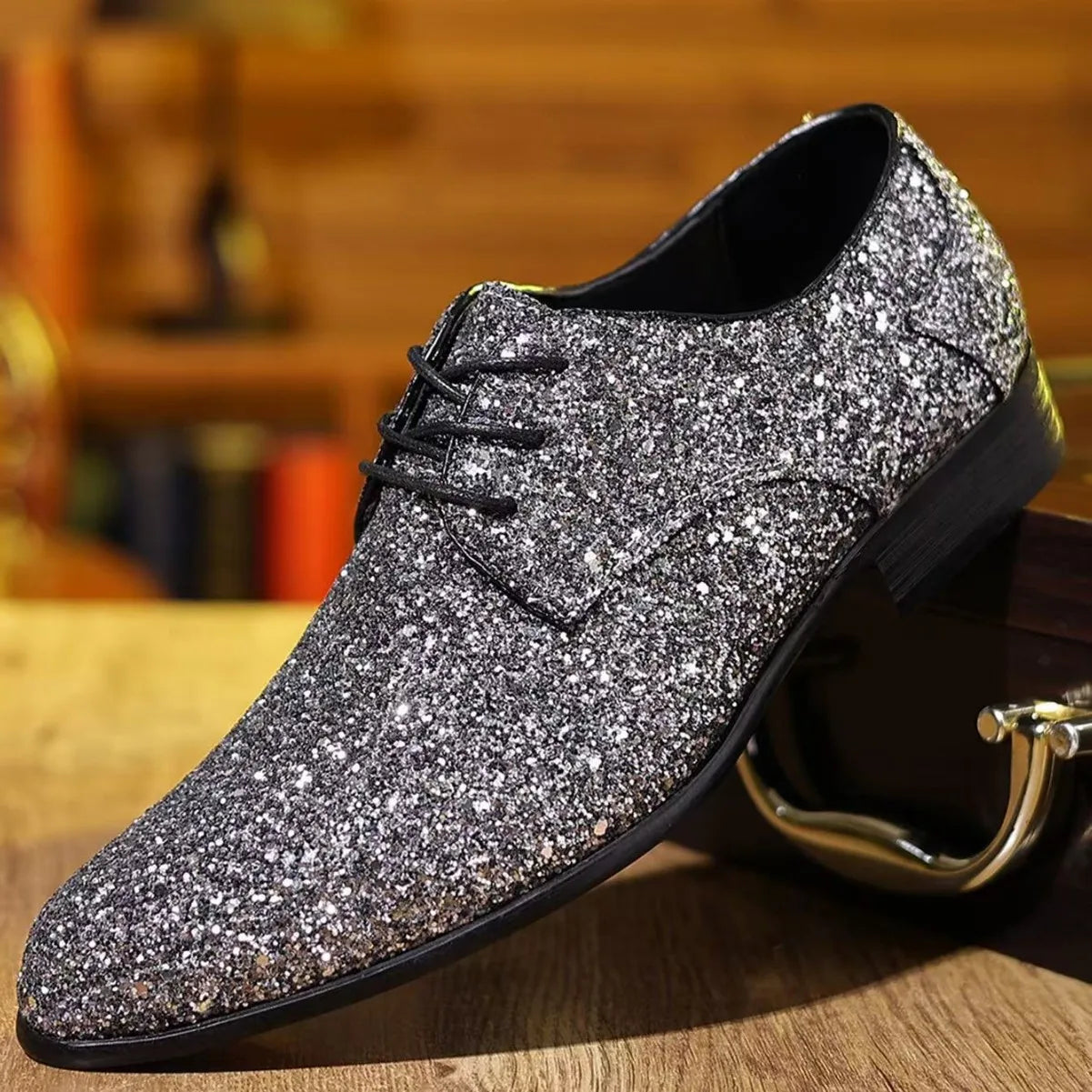 Luxury Men Dress Shoes Gold Silver Sequin Wedding Shoes High Quality Lace-Up Oxford Shoes Fashion Designer Men Flats Large Size
