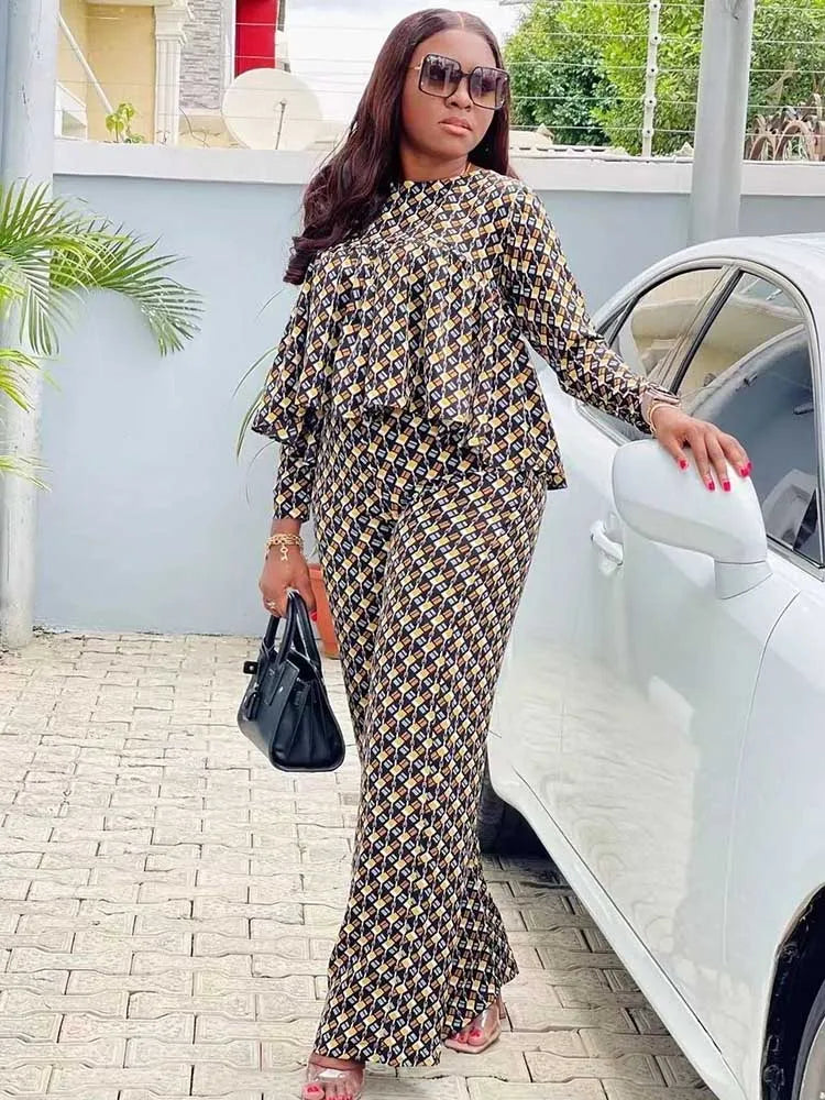 New in Matching Sets Autumn Long Sleeve Plus Size Women 2 Piece Sets Plaid Blouse and Pants Suits Elegant Lady Wear Outfits