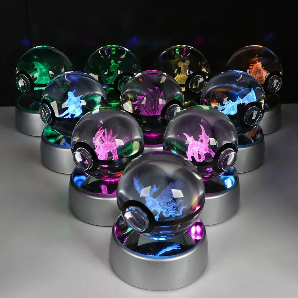 Pokemon 3D Crystal Ball Pikachu Gengar Eevee Mewtwo Anime Game Pokeball Led Night Light Base Kids Birthday Gift Home Decoration
