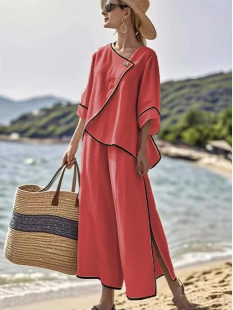 Women Loose Striped Print Split Wide Legs Pants Two Piece Sets Spring Elegant Slanted Short Sleeves Set Office Ladies 2Piece Set