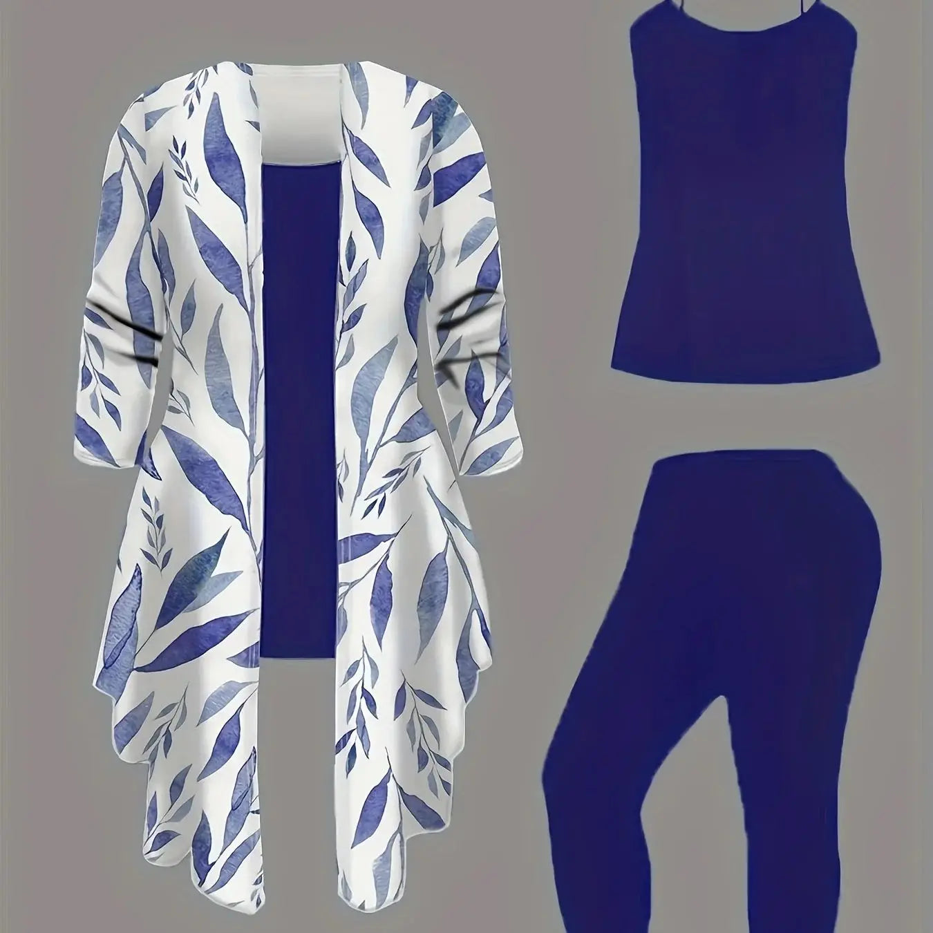 Plus-size women's 3-piece set: color-blocked printed cardigan jacket paired with trousers and vest for a casual everyday look.