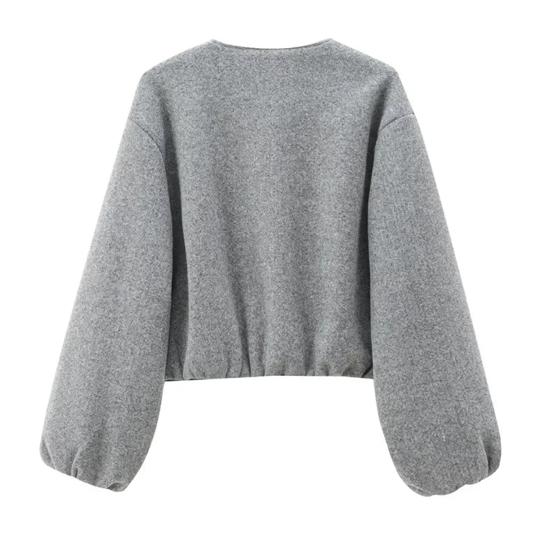 HXAO Outerwears Cropped Bomber Jacket Women Autumn Long Sleeve Faux Wool Coats For Woman Winter Zip Up Gray Beige Short Coats