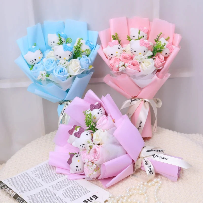 Kawaii Hello Kitty Cat Dolls With Artificial Flowers Creative Bouquet Christmas Valentine Birthday Graduation Gifts
