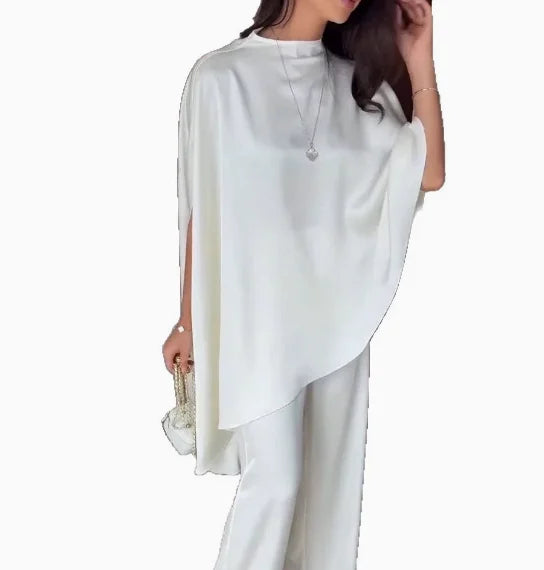 Two Piece Set Women Outfit 2026 Spring Autumn New Solid Color Satin Irregular Hem Shawl Top & High Waist Wide Leg Pants Set