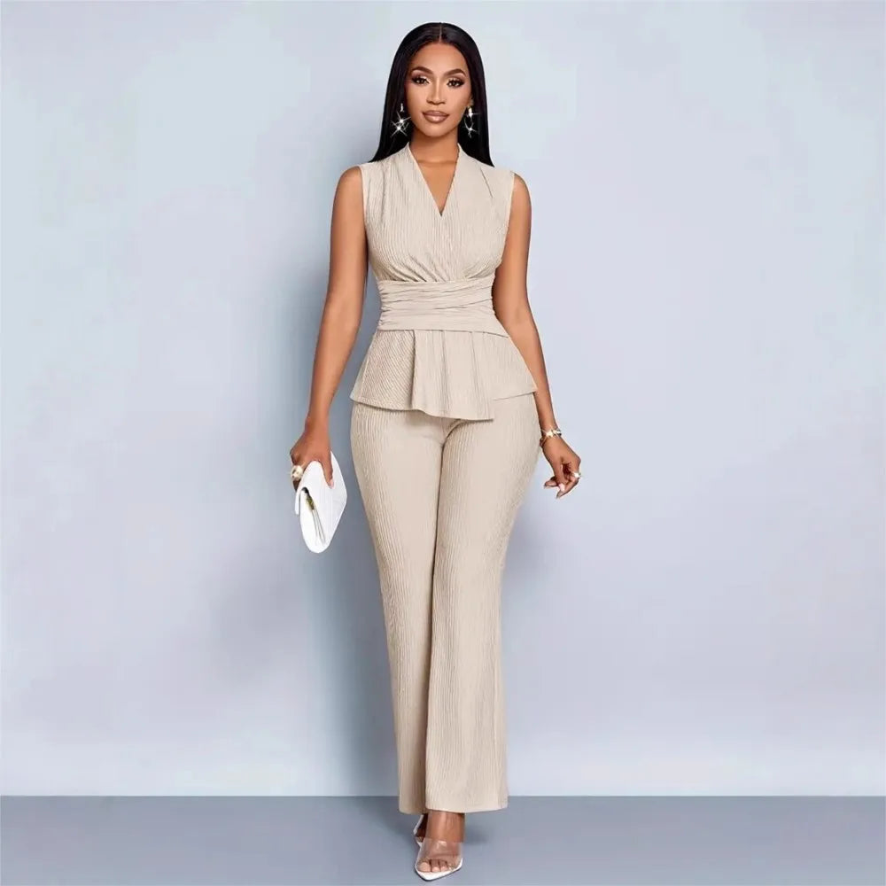 New Spring Summer Women's Trousers Two-piece Elegant Slim V-neck Sleeveless Irregular T-shirt Wide-leg Pants Office 2-piece Set