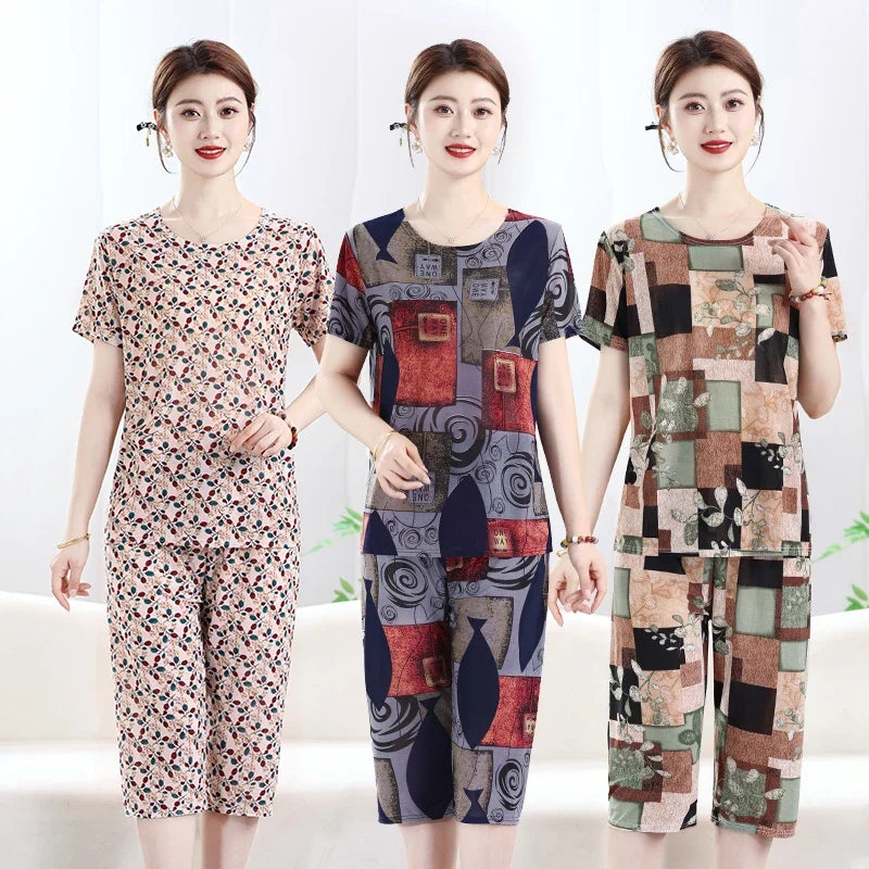 Summer Women's Ice Silk Home Set T-shirt+Pants Fashionable Multi-color Set Thin Asian Size Clothing Plus Size