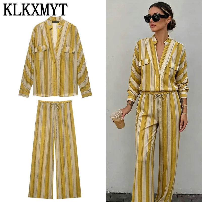 KLKXMYT Fashion Stripe Women's Tied Pants Set Long Sleeve V-Neck Shirt Tops Suits 2026 Autumn Casual 2 Pieces Set Women ﻿ ﻿