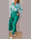 Women Shirt Pants Set Autumn Elegant Fashion V Neck Floral Print Long Sleeve High Waist Office Lady Casual Trousers Suits