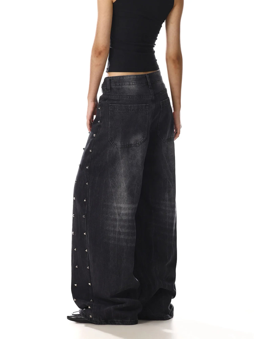 Women Black Rivet Heavy Duty Jeans New American Retro Design Niche Loose Wide Leg Denim Pants Streetwear Baggy Trousers