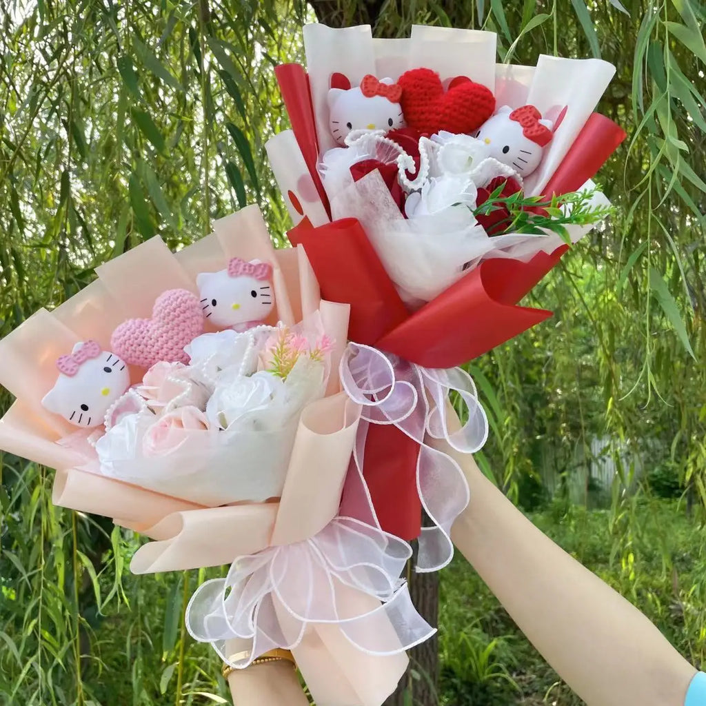 Kawaii Hello Kitty Cat Dolls With Artificial Flowers Creative Bouquet Christmas Valentine Birthday Graduation Gifts