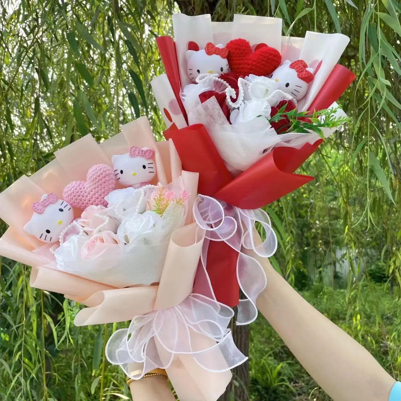 Kawaii Hello Kitty Cat Dolls With Artificial Flowers Creative Bouquet Christmas Valentine Birthday Graduation Gifts