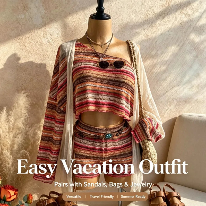 Boho Asymmetrical Off Shoulder Striped Knit Two Piece Set Women Long Sleeve Crop Top High Waist Shorts For Summer Vacation