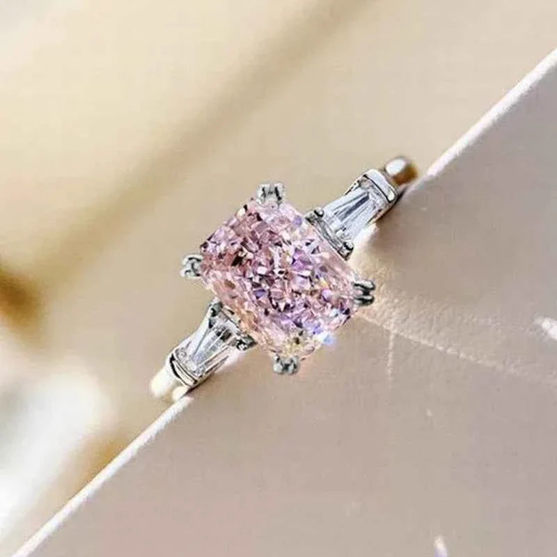 Square Pink Cubic Zirconia Wedding Rings Women Fashion Jewelry