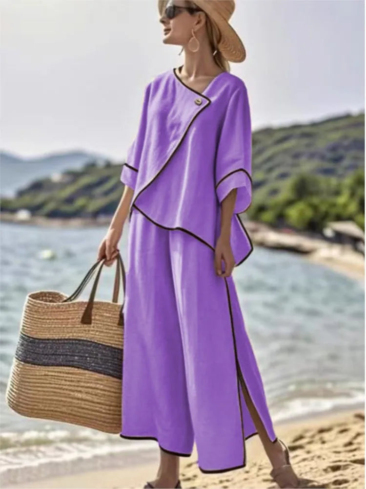 Women Loose Striped Print Split Wide Legs Pants Two Piece Sets Spring Elegant Slanted Short Sleeves Set Office Ladies 2Piece Set