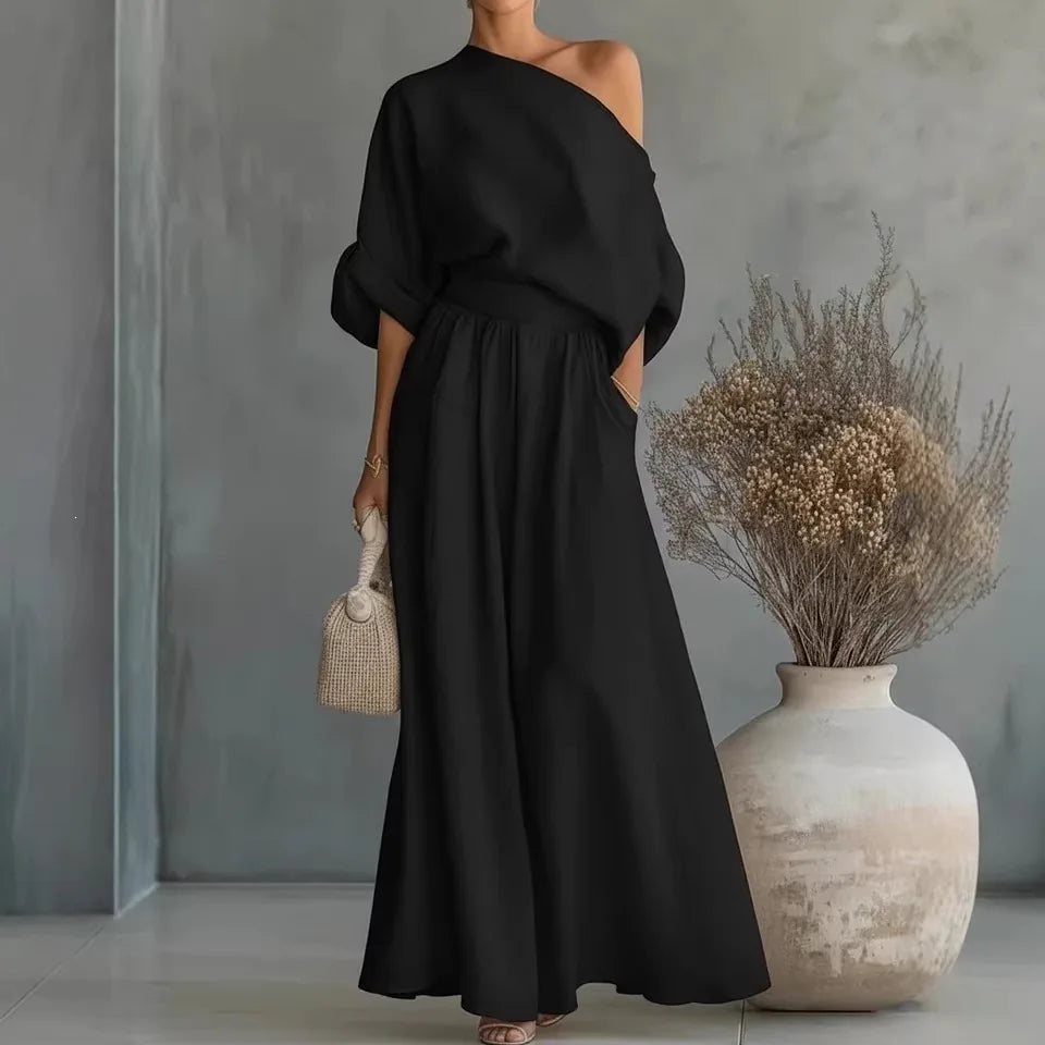 2026 Elegant Two-piece Short Sleeve Top & Casual Pants Set Woman Sexy Slash Neck Solid Suit Outfit Spring Fall Female Clothing