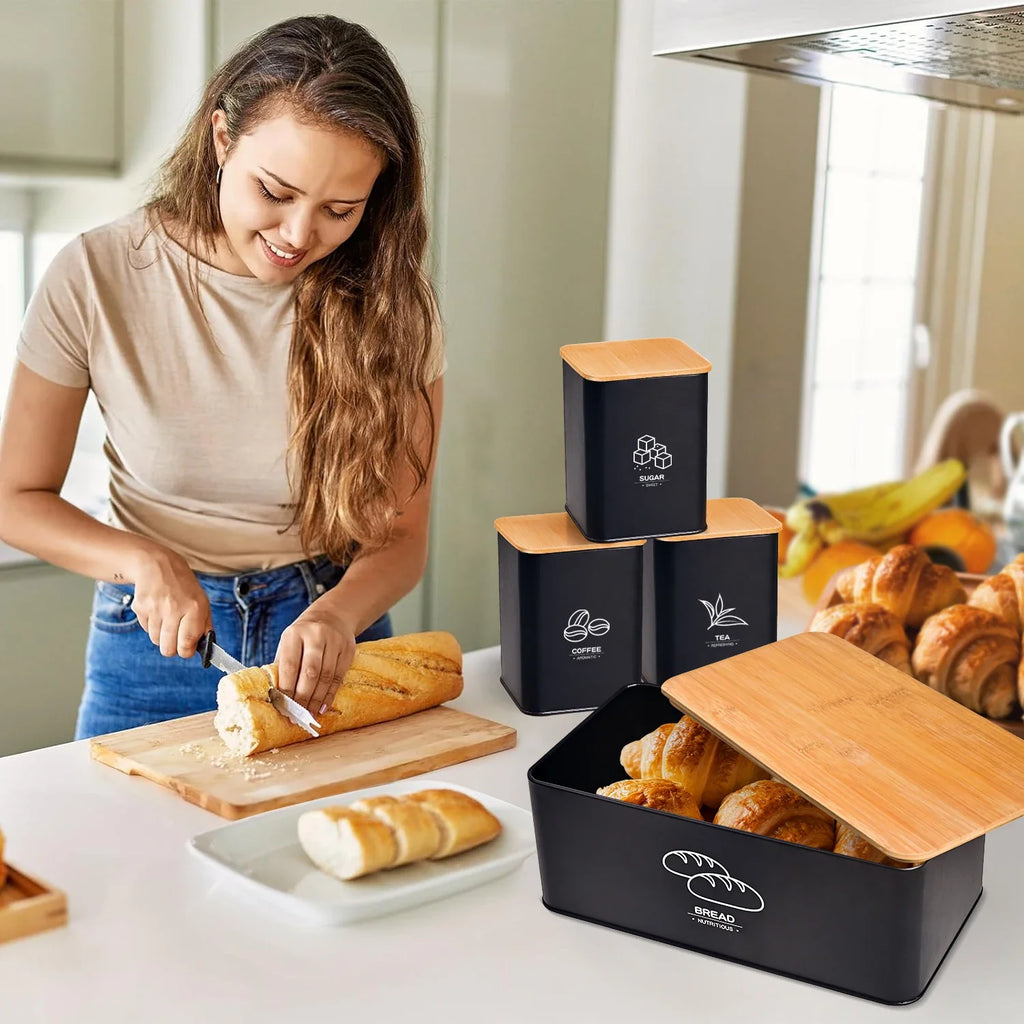 Metal Bread Box With Lidded Jar Set for Kitchen Storage