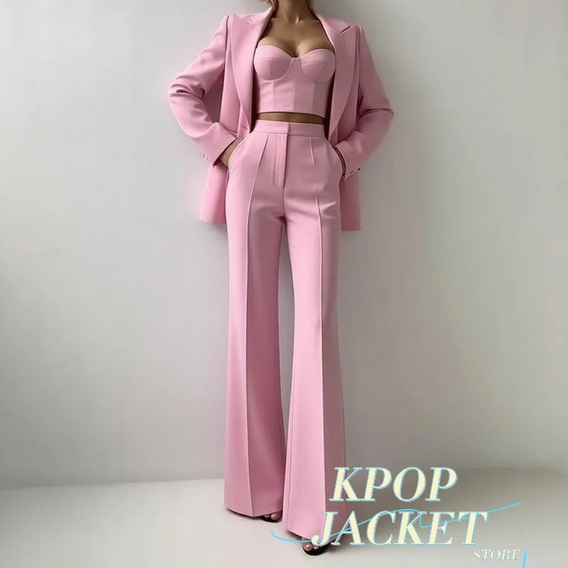 Solid Suit Jacket Corset Pants 3 Piece Set Women Corset Lapel Coat Straight Pants Lady Set 2026 Summer Autumn Commute Outfit New