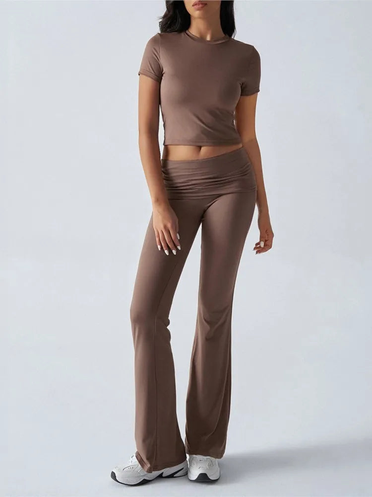 Women Casual Bodycon Two Pieces Set Short Sleeve Crop Top Slim High Waist Running Tracksuit Suit Summer Pants Outfit 2PCS