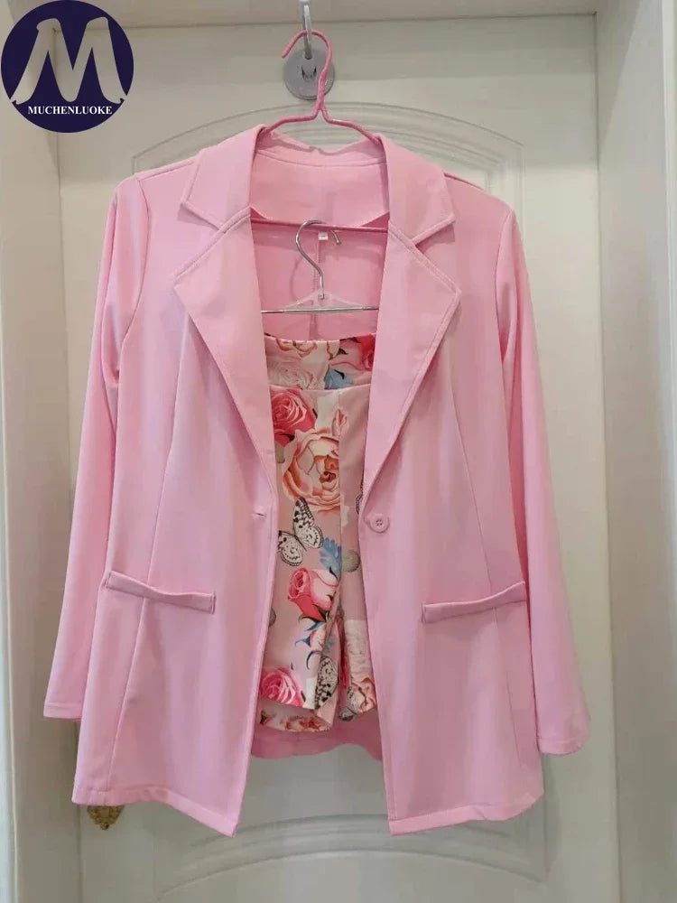 Set Woman 2 Pieces Spring Summer New Korean Fashion Casual Long Sleeve Blazer Coats Suits Elegant Printing Belt Shorts Sets