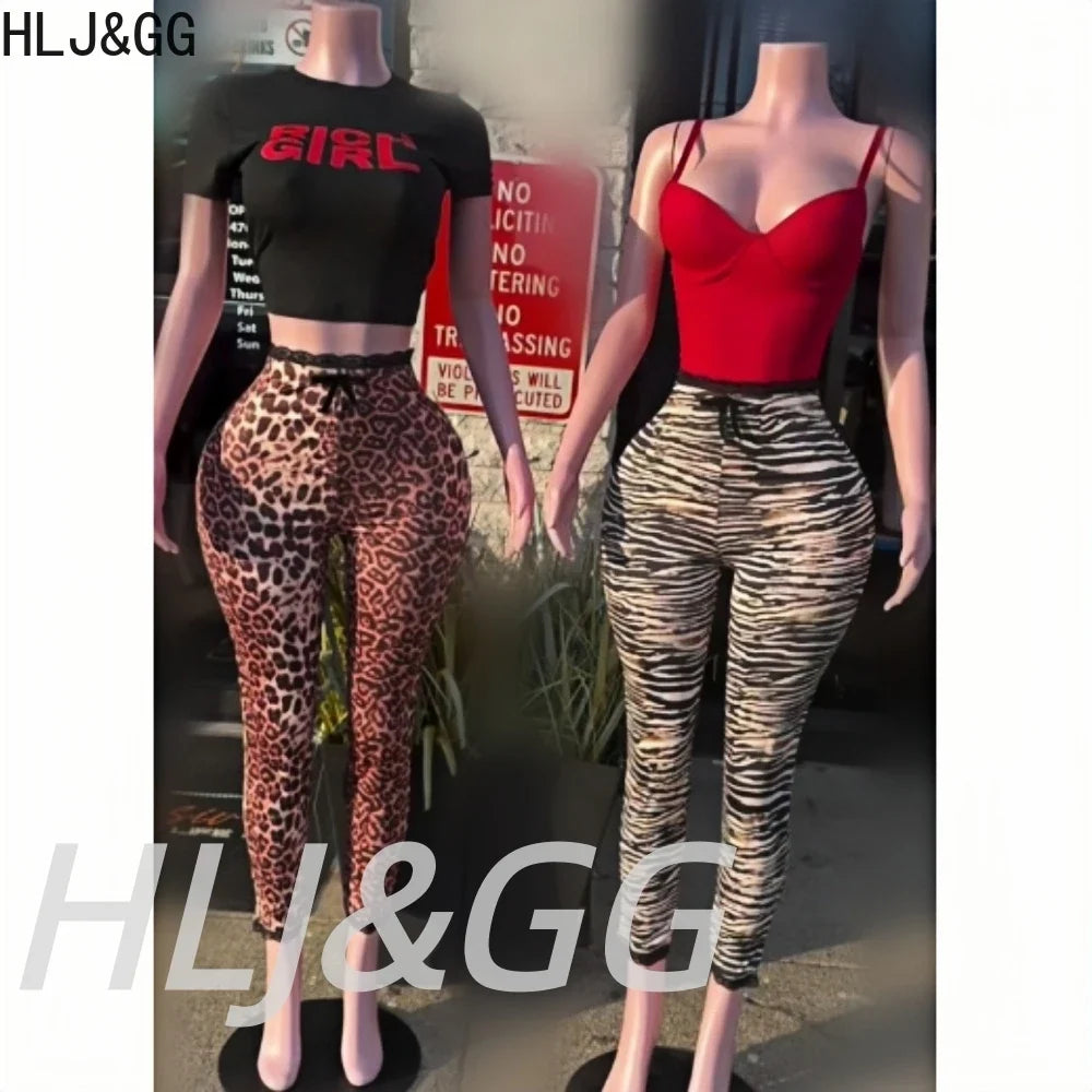 HLJ&GG Y2K Fashion Letter Print Slim Top Two Piece Sets Women O Neck Short Sleeve Crop Tshirts And Leopard Print Pants Outfits