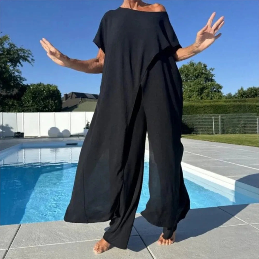 Women's Casual Loose Irregular Suit Solid Elegant Short Sleeved Round Neck Long Tops + Wide Leg Pants 2 Piece Set Summer Holiday