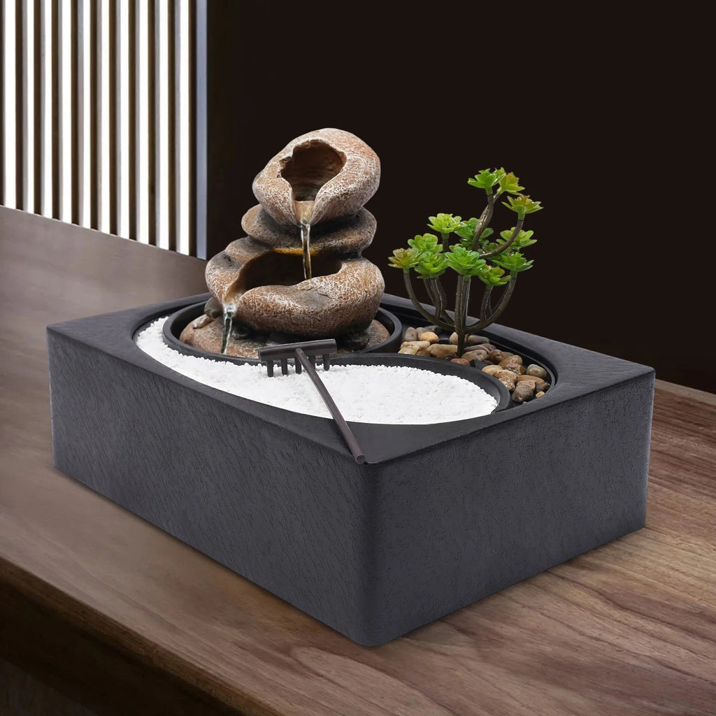 Bymaocar Tabletop Resin Rock Water Fountain With LED Light Indoor Decor