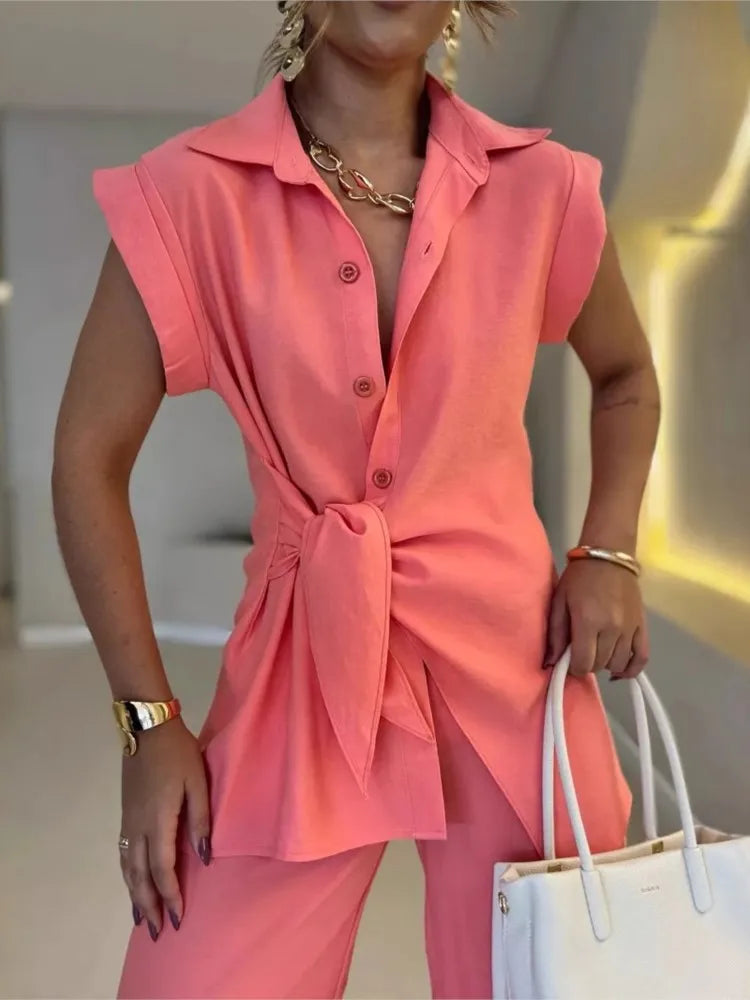 Fashion Solid Color Pants Sets Women Three-point Sleeve Leace-up Shirts Trousers Two Piece Set Simple All-match Lady Clothing