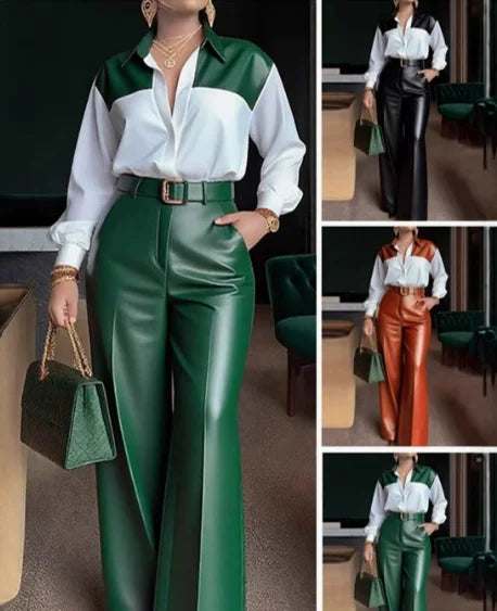 Two Piece Set Women Outfit 2026 Spring New Temperament Commuter Turn-Down Collar Long Sleeve Shirt & Leather Wide Leg Pants Set