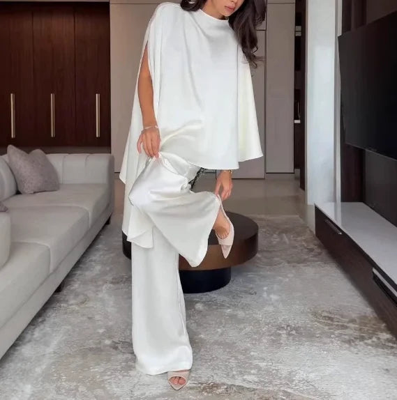Two Piece Set Women Outfit 2026 Spring Autumn New Solid Color Satin Irregular Hem Shawl Top & High Waist Wide Leg Pants Set