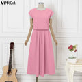 VONDA Women Plus Size Sets Elegant 2PCS Solid Color Two-piece Outfits Short Sleeve Summer Tops Long Skirts Streetwear Dress Sets