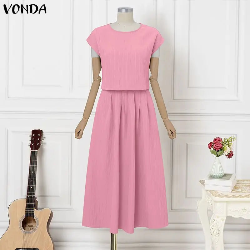 VONDA Women Plus Size Sets Elegant 2PCS Solid Color Two-piece Outfits Short Sleeve Summer Tops Long Skirts Streetwear Dress Sets