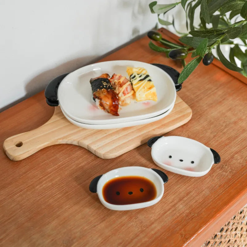 Cute Puppy Shaped Sushi Plate and Dipping Dish Set | 8 Inch Oval Ceramic Dinnerware