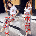 Women Suit 2025 Summer New Korean Style Short Sleeve Tops Fashion Wide Leg Pants 2 Two Piece Set Casual Plus Size Female Outfits