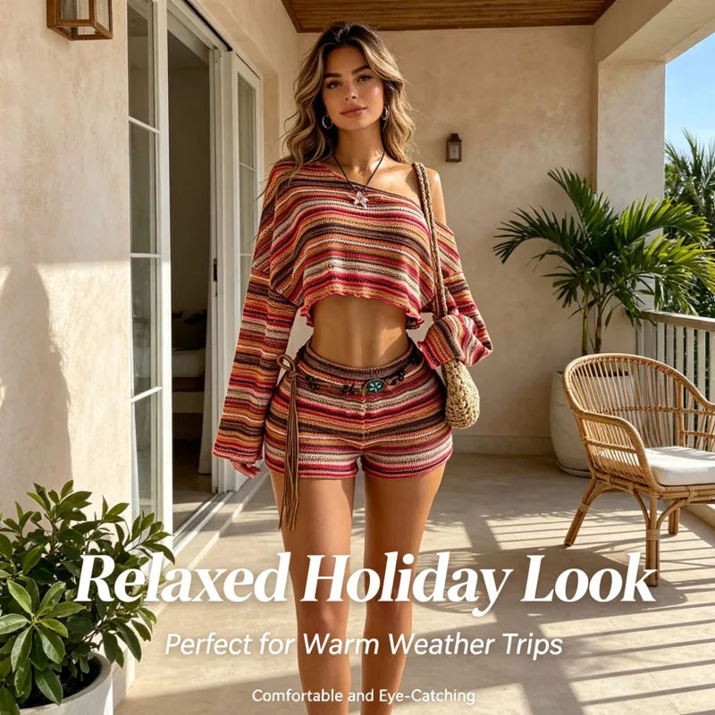 Boho Asymmetrical Off Shoulder Striped Knit Two Piece Set Women Long Sleeve Crop Top High Waist Shorts For Summer Vacation