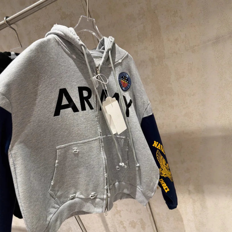 PROJECT G/R 2026 Patchwork ARMY Vintage Damaged Cardigan Pullover Men Women Best Quality Hoodie